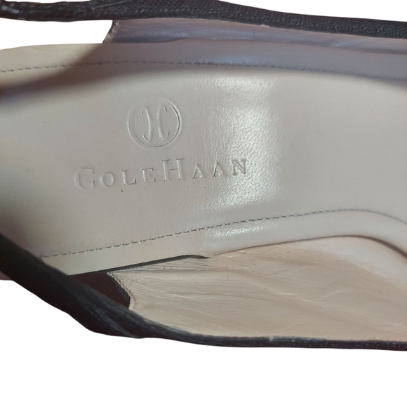 Cole Haan Black Linen Open Toe Slingback Stacked Heels - Picture 13 of 16